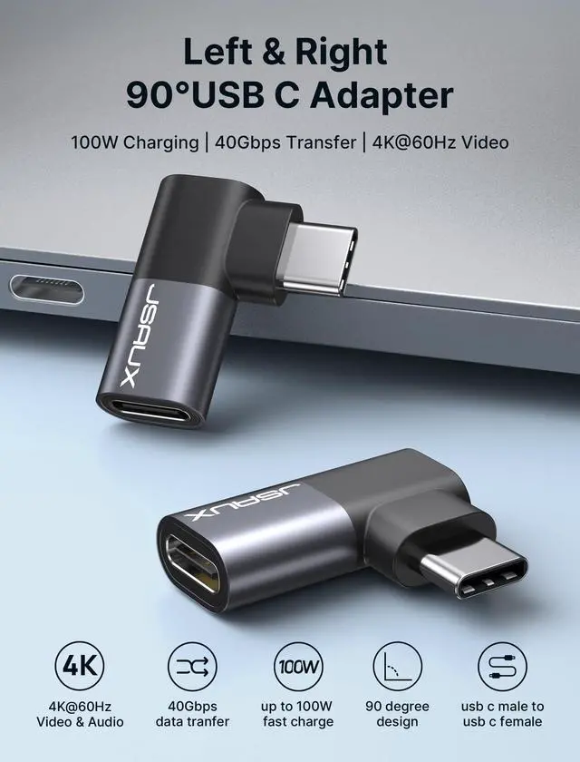 Alt view image 2 of 7 - 90 Degree USB C Male to Female Adapter 2-Pack, 100W 40Gbps