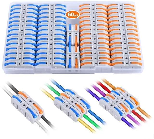 Main image of Lever Wire Connectors, 60-Piece Quick Connect Electrical Splicing Kit for Compact Inline Terminals - 28-12 AWG, 1 in 1 Out (Multicolored, 60)