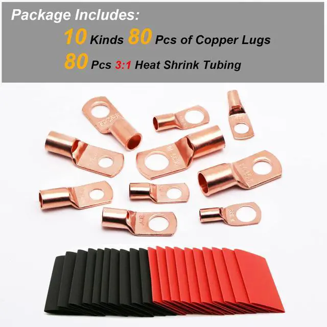 Alt view image 2 of 7 - 160Pcs Copper Wire Lugs AWG2 4 6 8 10 12 with Heat Shrink Set, 80Pcs Battery Cable Ends Ring Terminals Connectors Tubing Assortment Kit
