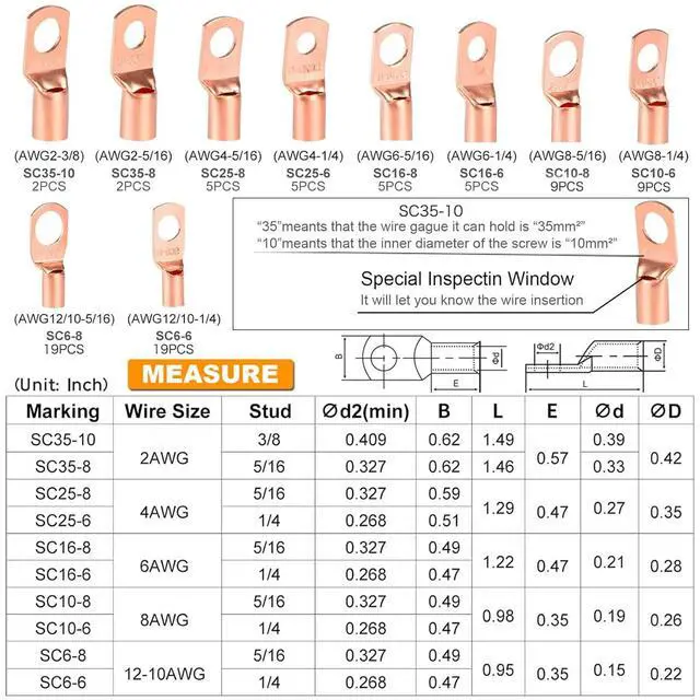 Alt view image 5 of 7 - 160Pcs Copper Wire Lugs AWG2 4 6 8 10 12 with Heat Shrink Set, 80Pcs Battery Cable Ends Ring Terminals Connectors Tubing Assortment Kit