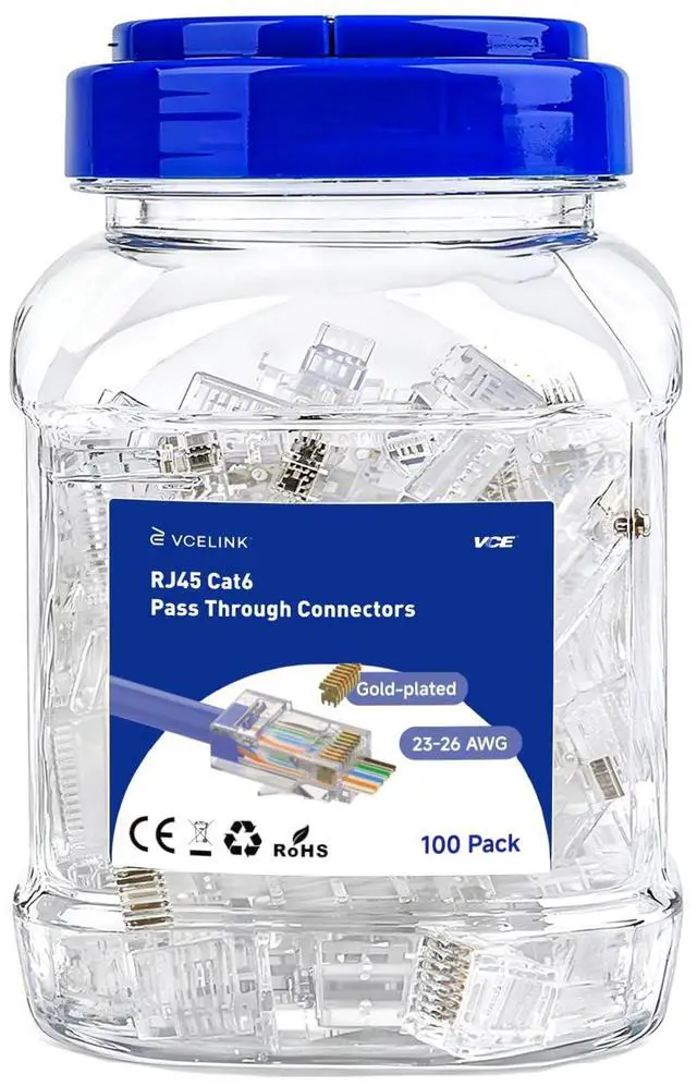 Main image of 100-Pack Cat6 RJ45 Pass Through Connectors, 10Gbps Unshielded Ethernet Modular Plugs, Gold Plated 8P8C Cat 6 Ends for 24-26AWG Solid or Stranded UTP Network Cable Support PoE