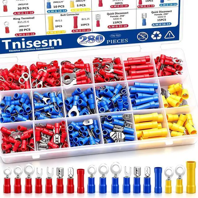 Main image of Insulated Wire Crimp Connectors Assortment Kit with Ring, Spade, Butt, Quick Disconnect, Crimp Automotive Cable Terminals TN-T01