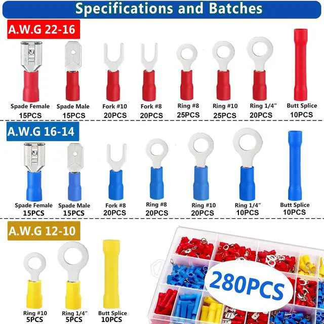 Alt view image 2 of 6 - Insulated Wire Crimp Connectors Assortment Kit with Ring, Spade, Butt, Quick Disconnect, Crimp Automotive Cable Terminals TN-T01