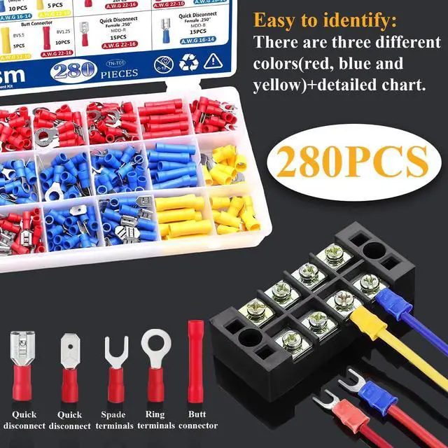 Alt view image 3 of 6 - Insulated Wire Crimp Connectors Assortment Kit with Ring, Spade, Butt, Quick Disconnect, Crimp Automotive Cable Terminals TN-T01