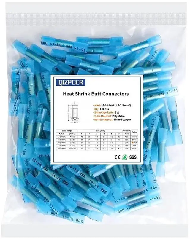 Main image of Heat Shrink Butt Connectors, 16-14 AWG 100Pcs Blue Waterproof Electrical Crimp Wire Splice for Marine, Cable, Wiring