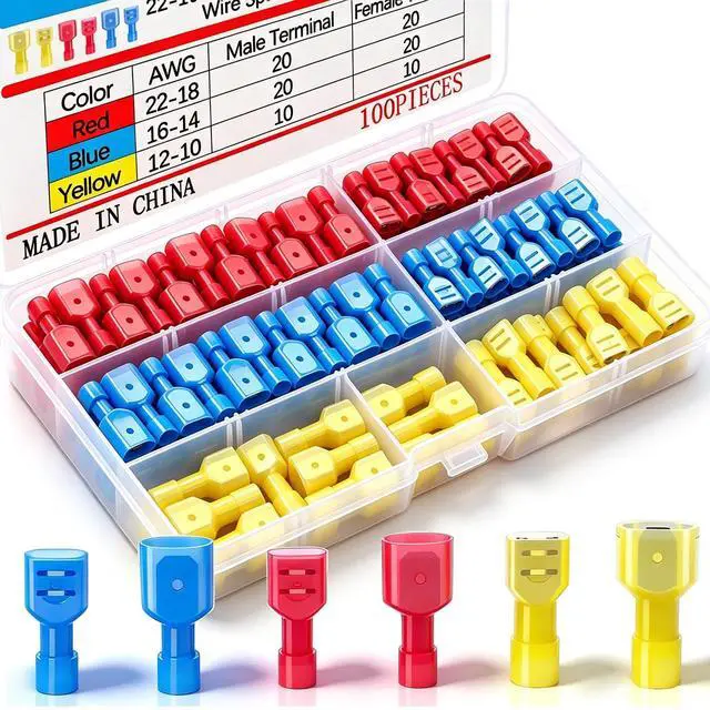 Main image of 100PCS Nylon Spade Connectors Kit 22-10 Gauge Male and Female Wire Spade Terminal Quick Disconnect Fully Insulated Wire Crimp Connector for Automotive Marine