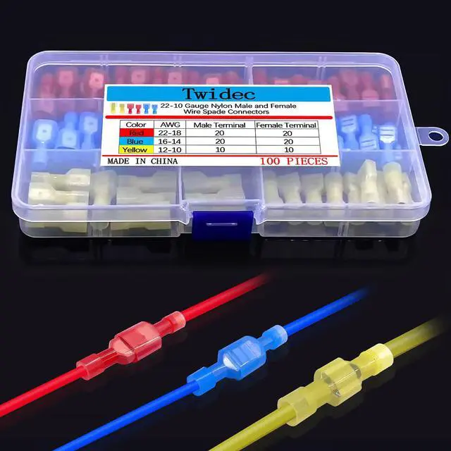 Alt view image 3 of 6 - 100PCS Nylon Spade Connectors Kit 22-10 Gauge Male and Female Wire Spade Terminal Quick Disconnect Fully Insulated Wire Crimp Connector for Automotive Marine