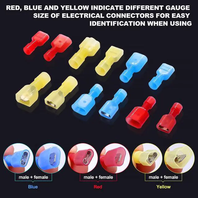 Alt view image 5 of 6 - 100PCS Nylon Spade Connectors Kit 22-10 Gauge Male and Female Wire Spade Terminal Quick Disconnect Fully Insulated Wire Crimp Connector for Automotive Marine