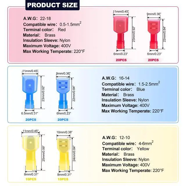 Alt view image 2 of 6 - 100PCS Nylon Spade Connectors Kit 22-10 Gauge Male and Female Wire Spade Terminal Quick Disconnect Fully Insulated Wire Crimp Connector for Automotive Marine