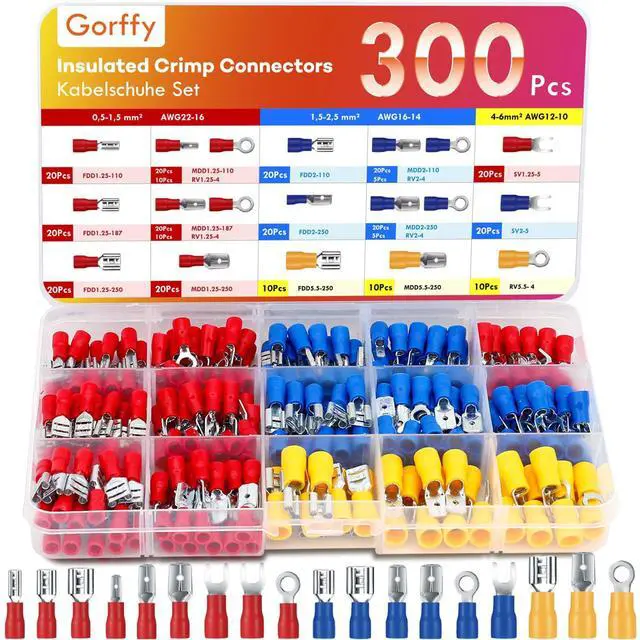 Main image of 300PCS Wire Connectors Kit, Male and Female Spade Connectors, 17 Types Electrical Connector Kit 0.5-6.0mm², Insulated Terminal Connector, Includes Spade Ring Fork Wire Terminal