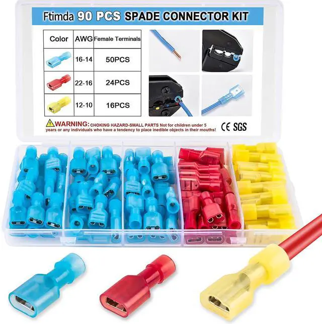 Main image of 90PCS Female Spade Connector Kit, Nylon Spade Wire Terminal Connectors for 12-10, 16-14, 22-16 AWG Wire, Quick Disconnect Fully Insulated Crimp Terminals for Auto, Speaker and Stereo Wiring