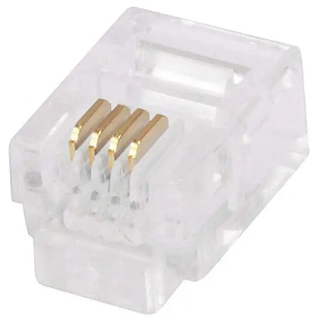 Main image of 6P4C RJ11 Modular Plugs for Round Solid Cable - Crimp On, 1U, 3 Prongs, 4 Conductor, Clear, 50-Pack