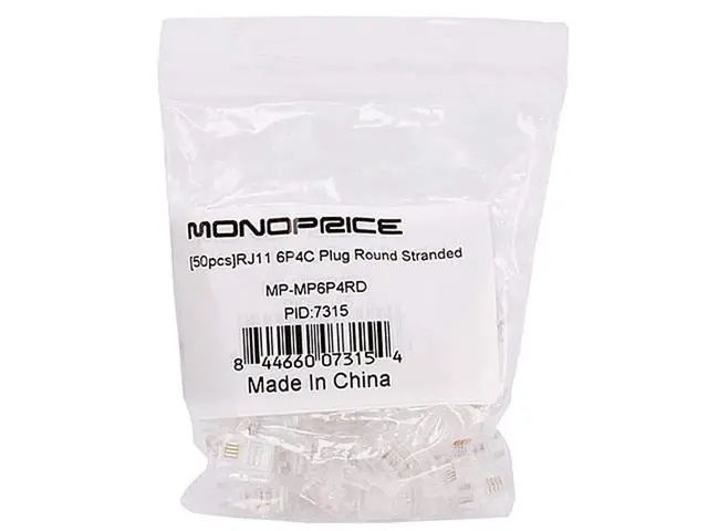 Alt view image 3 of 3 - 6P4C RJ11 Modular Plugs for Round Solid Cable - Crimp On, 1U, 3 Prongs, 4 Conductor, Clear, 50-Pack