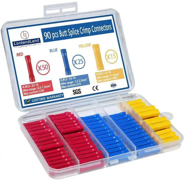 Main image of 90 Pcs Butt Splice Connectors Kit 22-10 AWG Electrical Crimp Terminal Connector Kits Assorted Butt Splice Crimp Connectors Wiring Straight Crimps Terminals for 22,20,18,16,14,12,10 Gauge Wires