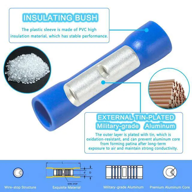 Alt view image 3 of 6 - 90 Pcs Butt Splice Connectors Kit 22-10 AWG Electrical Crimp Terminal Connector Kits Assorted Butt Splice Crimp Connectors Wiring Straight Crimps Terminals for 22,20,18,16,14,12,10 Gauge Wires