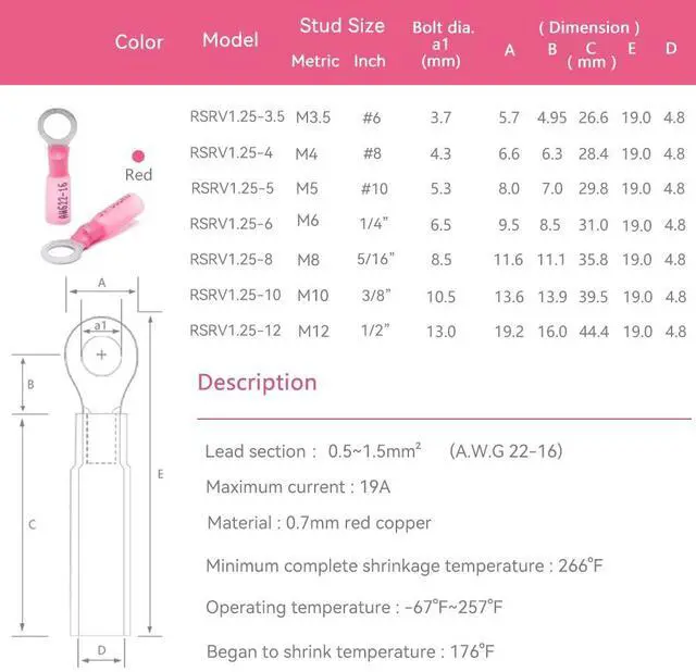 Alt view image 2 of 7 - 50 PCS Ring Terminals #8 Red 22-16 AWG - M4 - Electrical Connectors - Heat Shrink Wire Connector Kit - Tinned Red Copper - Automotive Marine Ring Connectors - Waterproof and Insulated