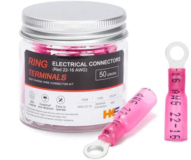 Main image of 50 PCS Ring Terminals #8 Red 22-16 AWG - M4 - Electrical Connectors - Heat Shrink Wire Connector Kit - Tinned Red Copper - Automotive Marine Ring Connectors - Waterproof and Insulated
