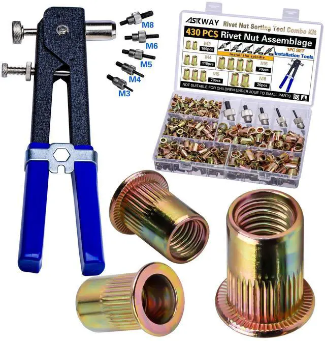 Main image of Pressure Rivet Nut Tool Kit, 430Pcs Metric Rivet Nut Combination (M8/M6/M5/M4/M3), Suitable for Furniture, Decoration, Automotive, Marine and Industrial Applications