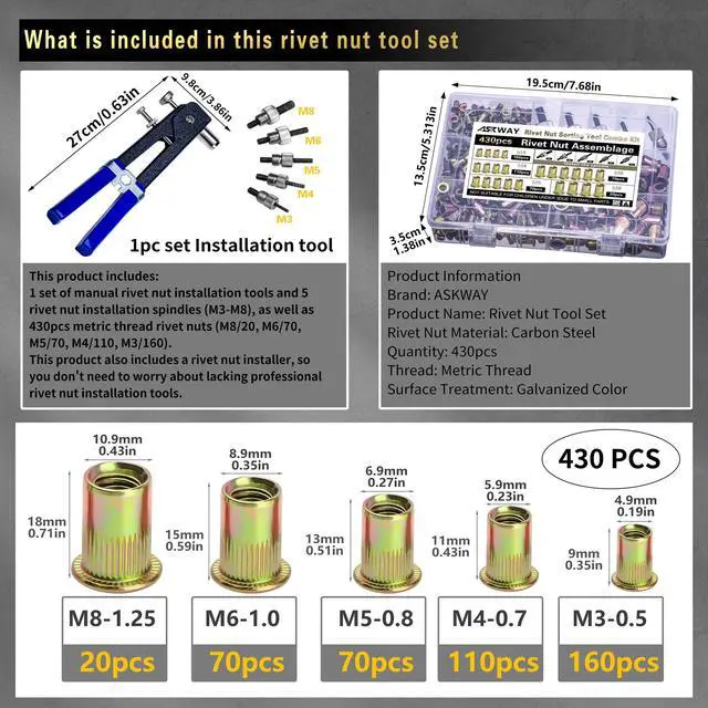 Alt view image 2 of 6 - Pressure Rivet Nut Tool Kit, 430Pcs Metric Rivet Nut Combination (M8/M6/M5/M4/M3), Suitable for Furniture, Decoration, Automotive, Marine and Industrial Applications