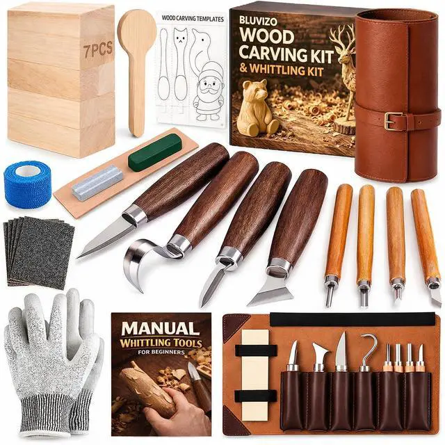 Main image of Wood Carving Kit Whittling Kit: Deluxe Wood Carving Tools Knife Set with Leather Case - Woodworking Hobby Kit for Beginners Adults Kids - DIY Art Craft Gift for Men Teens