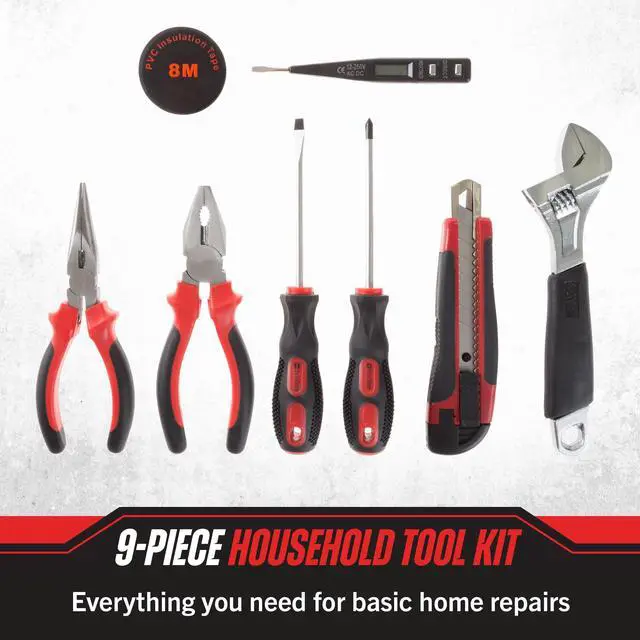Alt view image 3 of 7 - Household Hand Tools - 9-Piece Tool Set Includes Adjustable Wrench, Screwdriver, Pliers, and More - Tool Kit for the Home, Office, and Car