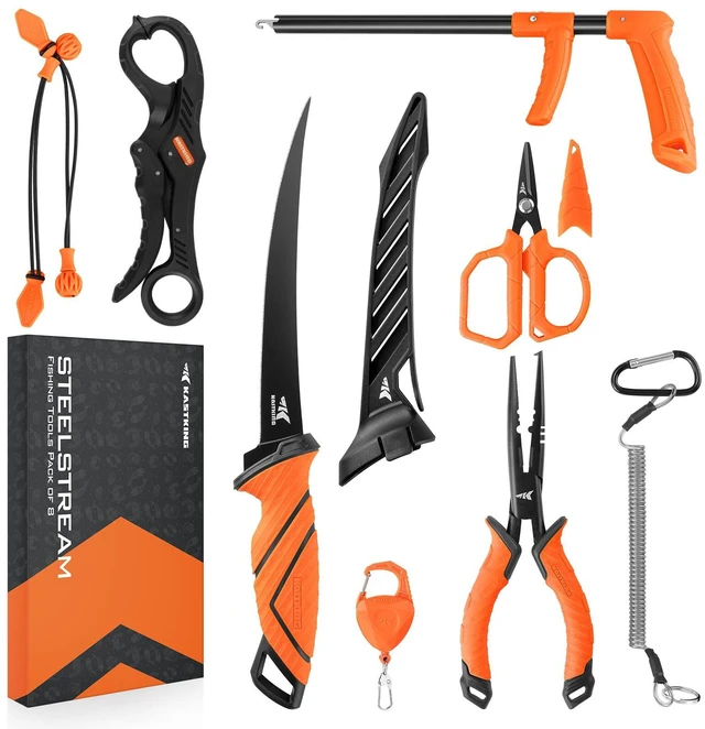 Main image of SteelStream 8pc Fishing Tool Kit - Fishing Pliers with Lanyard, Fillet Knife, Floating Fish Lip Gripper, Fishing Braid Scissors, Tool Retractor, Fishing Hook Remover, Bungee Cords