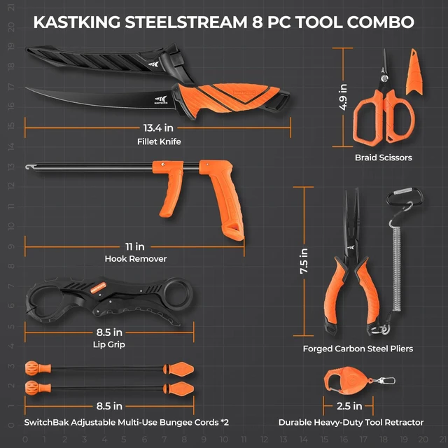 Alt view image 7 of 7 - SteelStream 8pc Fishing Tool Kit - Fishing Pliers with Lanyard, Fillet Knife, Floating Fish Lip Gripper, Fishing Braid Scissors, Tool Retractor, Fishing Hook Remover, Bungee Cords