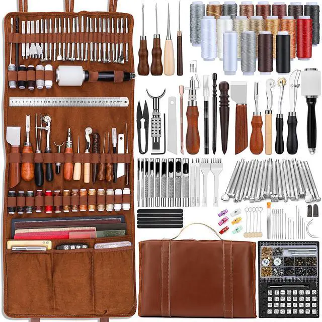 Main image of Leather Tooling Kit Leather Craft Tools Leatherworking Kit with Custom Handbag Cutting Mats Engraving Punching Sewing Stamping Sanding Tools for Handicraft Work Professional