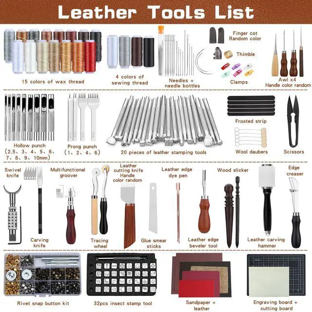 Alt view image 2 of 7 - Leather Tooling Kit Leather Craft Tools Leatherworking Kit with Custom Handbag Cutting Mats Engraving Punching Sewing Stamping Sanding Tools for Handicraft Work Professional