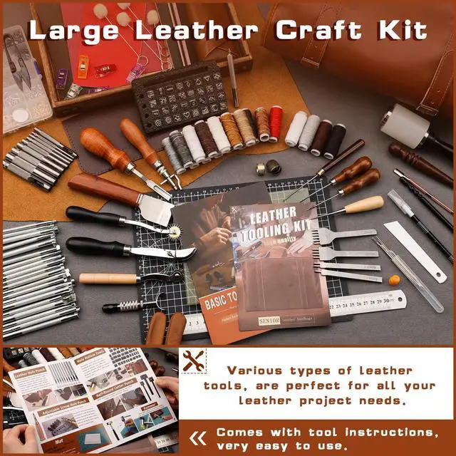 Alt view image 3 of 7 - Leather Tooling Kit Leather Craft Tools Leatherworking Kit with Custom Handbag Cutting Mats Engraving Punching Sewing Stamping Sanding Tools for Handicraft Work Professional
