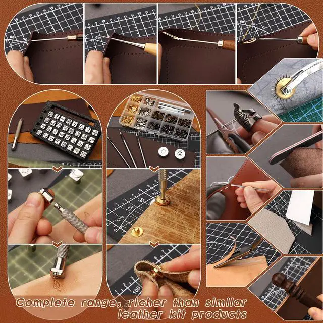 Alt view image 7 of 7 - Leather Tooling Kit Leather Craft Tools Leatherworking Kit with Custom Handbag Cutting Mats Engraving Punching Sewing Stamping Sanding Tools for Handicraft Work Professional