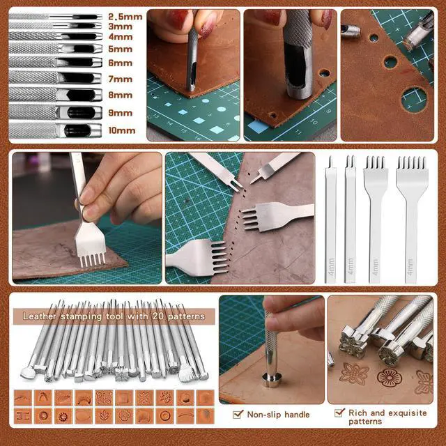 Alt view image 6 of 7 - Leather Tooling Kit Leather Craft Tools Leatherworking Kit with Custom Handbag Cutting Mats Engraving Punching Sewing Stamping Sanding Tools for Handicraft Work Professional
