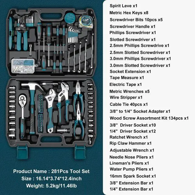 Alt view image 2 of 7 - Home Tool Kit 281-PCs - Portable Complete Basic Repair General Hand Tool Sets for Men Women - Full Tool Set with Socket Wrench Set & Screwdriver Set & Metric Hex Key & Pliers & Tool Box Case
