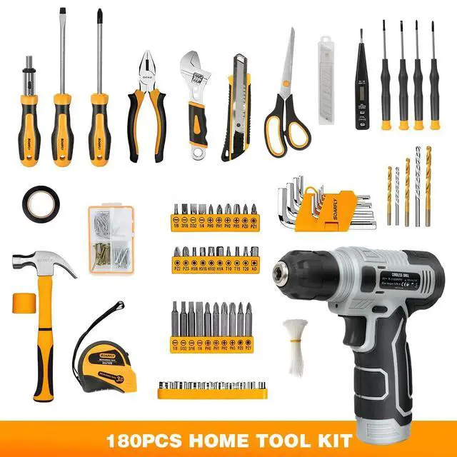 Alt view image 7 of 7 - Upgraded 180 Piece Tool Set, Tool Kit with 8V Cordless Drill Set, General Household Hand Drill Kit for Men and Women, Plastic Storage Toolbox for DIYers, Home Maintenance and Everyday Repairs(Orange)