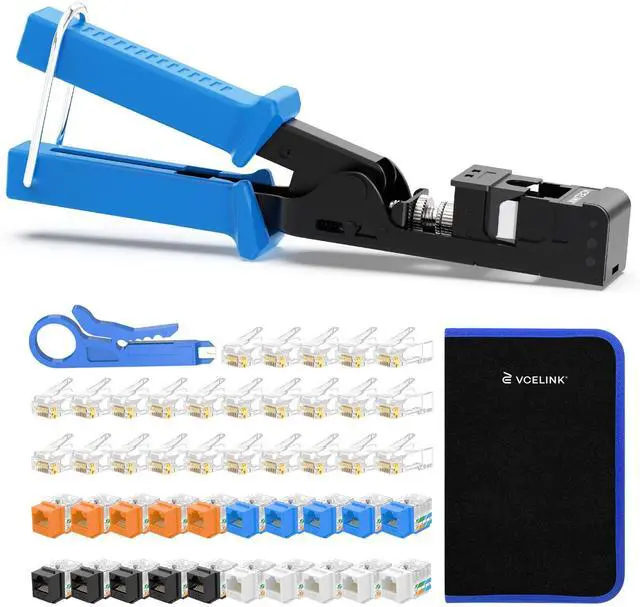 Main image of Speed Termination Tool for VCE 90-Degree Keystone Jacks Punch Down Network Tool Kit with 20-Pack CAT6 Keystone Jacks UL-Listed, 25-Pack RJ45 Connectors, 1-Pack Mini Wire Stripper