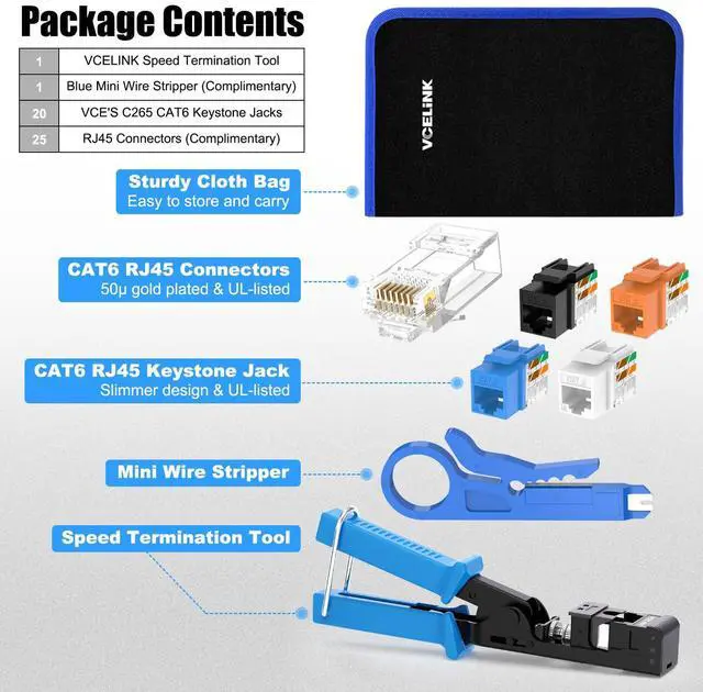 Alt view image 3 of 7 - Speed Termination Tool for VCE 90-Degree Keystone Jacks Punch Down Network Tool Kit with 20-Pack CAT6 Keystone Jacks UL-Listed, 25-Pack RJ45 Connectors, 1-Pack Mini Wire Stripper