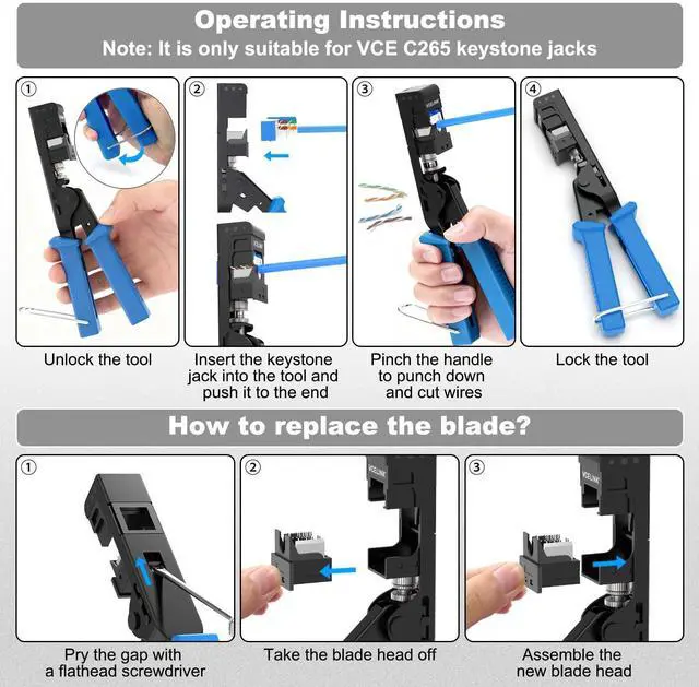 Alt view image 7 of 7 - Speed Termination Tool for VCE 90-Degree Keystone Jacks Punch Down Network Tool Kit with 20-Pack CAT6 Keystone Jacks UL-Listed, 25-Pack RJ45 Connectors, 1-Pack Mini Wire Stripper