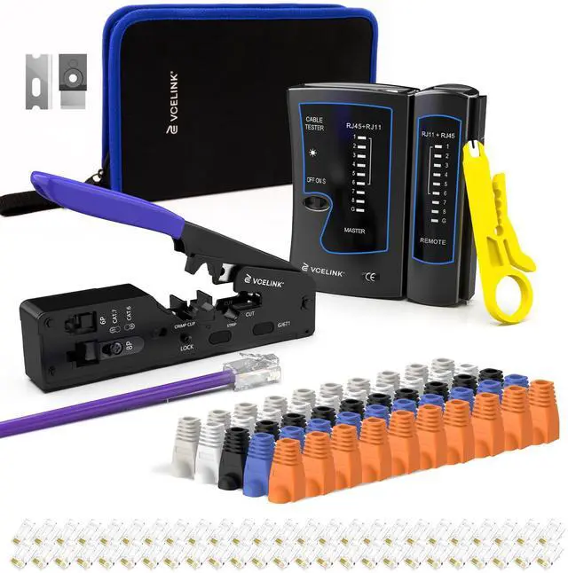 Main image of RJ45 Crimp Tool Kit, Ethernet Wire Cutter Crimper, All-in-One Network Tool Kit Bag with Network Lan Cable Tester, 50PCS Cat6 Pass Through Connectors, 50PCS Boots, Mini Cable Stripper