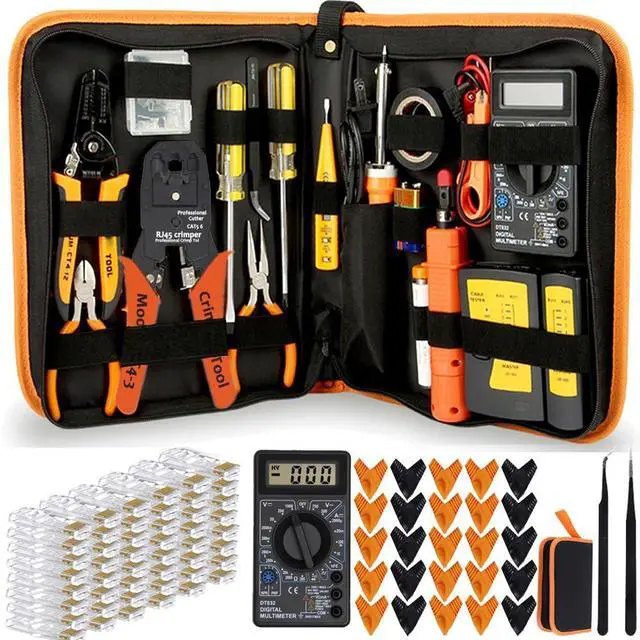 Main image of Network Tool Kit Set, Cable Tester Repair Tools Wire Stripping Cutter, Coax Crimper Plug Crimping, Punch Down RJ11 RJ45 Cat5 Cat6 Wire Data Detector Stripper (Orange)