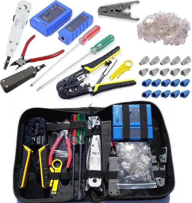 Main image of Network/Phone Cable Tester + RJ11/RJ12/RJ45 Network Cable Crimper + RJ45 CAT5e Connectors Plugs/Boots Stripper Network Tool Kits (Premium 568 Tool Kits)