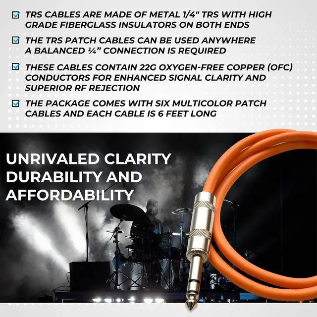 Alt view image 7 of 7 - Audio Speakers ¼ to ¼ TRS Patch Cables, 6 Foot Patch Cables, Pack of 6, Multi Color