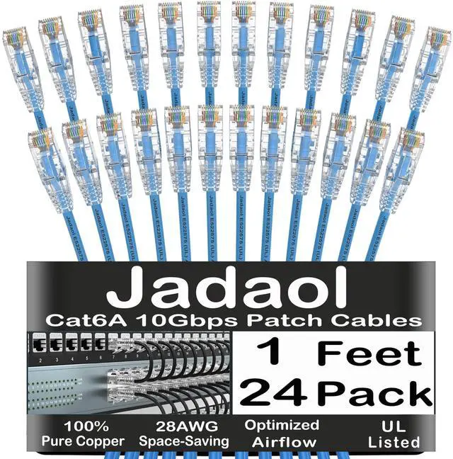 Main image of UL Listed Patch Cables Cat 6a / Cat 6 1 ft 24-Pack, 10Gbps 550MHz Slim Cat6a Ethernet Cable, Snagless Cat6 Patch Cable for Patch Panel, Switch, Server Rack, Data Center, 1ft Blue