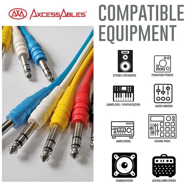 Alt view image 2 of 7 - 1/4 (6.35mm) TRS to 1/4 (6.35mm) TRS Multi-Color Balanced Stereo Patch Cables 6-Pack Outboard Gear& Patchbay Studio Cables External Effects Digital Analog Effects (1.5ft)