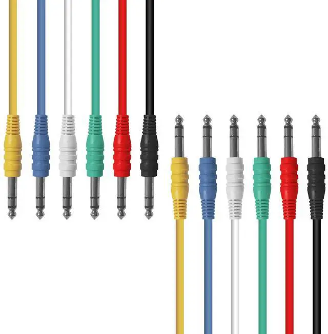 Main image of 1/4 (6.35mm) TRS to 1/4 (6.35mm) TRS Multi-Color Balanced Stereo Patch Cables 6-Pack Outboard Gear& Patchbay Studio Cables External Effects Digital Analog Effects (1.5ft)