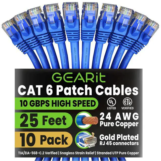 Main image of Cat 6 Ethernet Patch Cable 25 ft Blue (10 Pack) - Cat6 Patch Cables 25ft Blue/Ethernet Patch Cable, 10Gbps 550MHz 24AWG Pure Copper, Snagless, Gold Plated RJ45 for Router, Server, Router, PC
