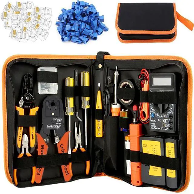 Main image of Network Crimp Tool Kit for RJ45/RJ11/RJ12/CAT5/CAT6/Cat5e/8P, Professional Crimper Connector Stripper Cutter, Computer Maintenance Lan Cable Pliers Tester Soldering Iron Set(Orange)