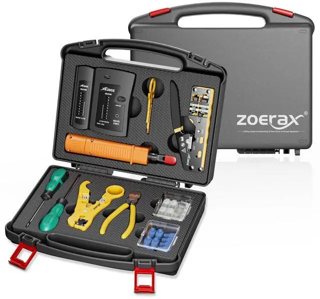 Main image of Network Tool Kit, 11 in 1 Professional RJ45 Crimp Tool Kit - Pass Through Crimper, RJ45 Tester, 110/88 Punch Down Tool, Stripper, Cutter, Cat6 Pass Through Connectors and Boots
