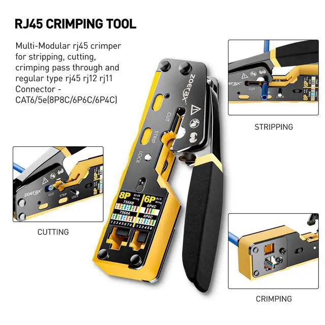 Alt view image 2 of 7 - Network Tool Kit, 11 in 1 Professional RJ45 Crimp Tool Kit - Pass Through Crimper, RJ45 Tester, 110/88 Punch Down Tool, Stripper, Cutter, Cat6 Pass Through Connectors and Boots