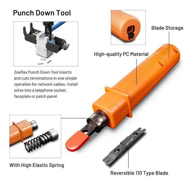 Alt view image 4 of 7 - Network Tool Kit, 11 in 1 Professional RJ45 Crimp Tool Kit - Pass Through Crimper, RJ45 Tester, 110/88 Punch Down Tool, Stripper, Cutter, Cat6 Pass Through Connectors and Boots