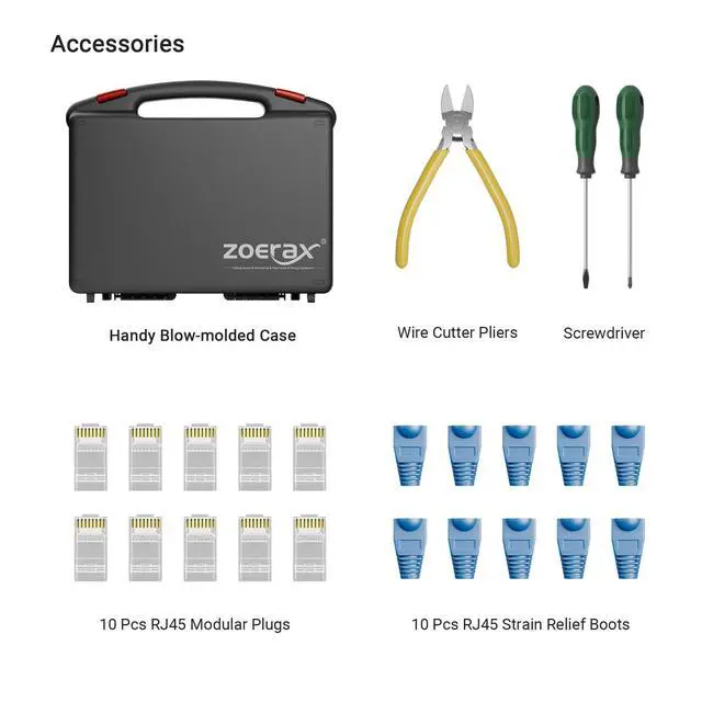 Alt view image 6 of 7 - Network Tool Kit, 11 in 1 Professional RJ45 Crimp Tool Kit - Pass Through Crimper, RJ45 Tester, 110/88 Punch Down Tool, Stripper, Cutter, Cat6 Pass Through Connectors and Boots